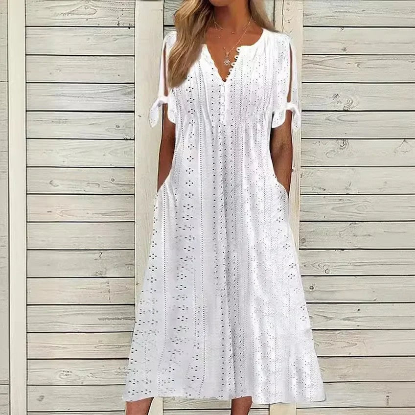 Vestido de Renda Jana - Gola em V de Manga Curta (Verão 2026) — Videtare