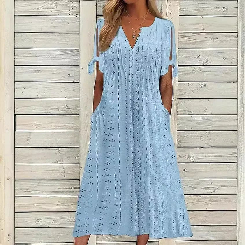 Vestido de Renda Jana - Gola em V de Manga Curta (Verão 2026) — Videtare