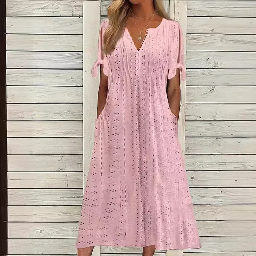 Vestido de Renda Jana - Gola em V de Manga Curta (Verão 2026) — Videtare