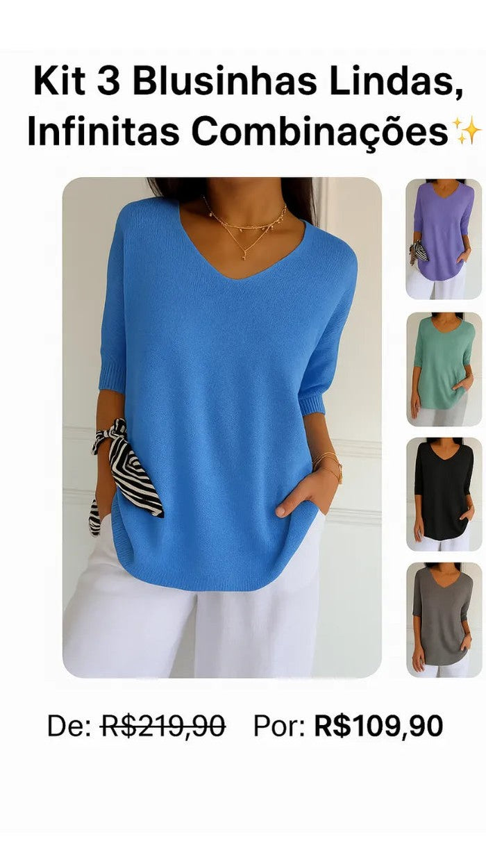 Kit 3 Blusas Luna® em Malha Leve – Decote V — Videtare