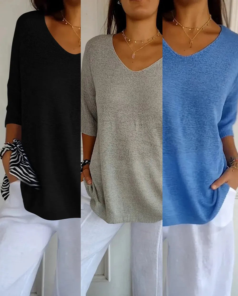 Kit 3 Blusas Luna® em Malha Leve – Decote V — Videtare
