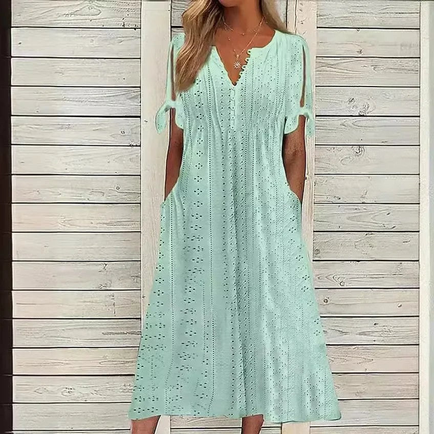 Vestido de Renda Jana - Gola em V de Manga Curta (Verão 2026) — Videtare