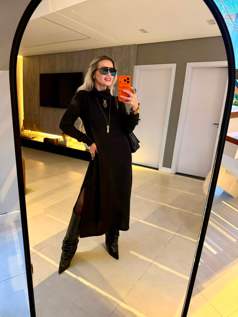 Vestido Midi Tricot Canelado Preto