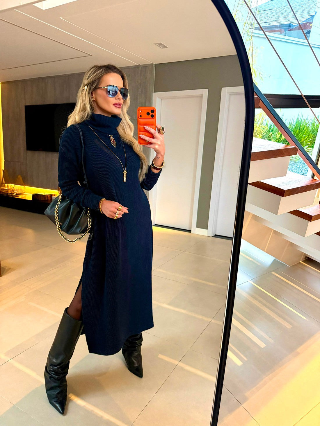 Vestido Midi Tricot Canelado Azul Marinho