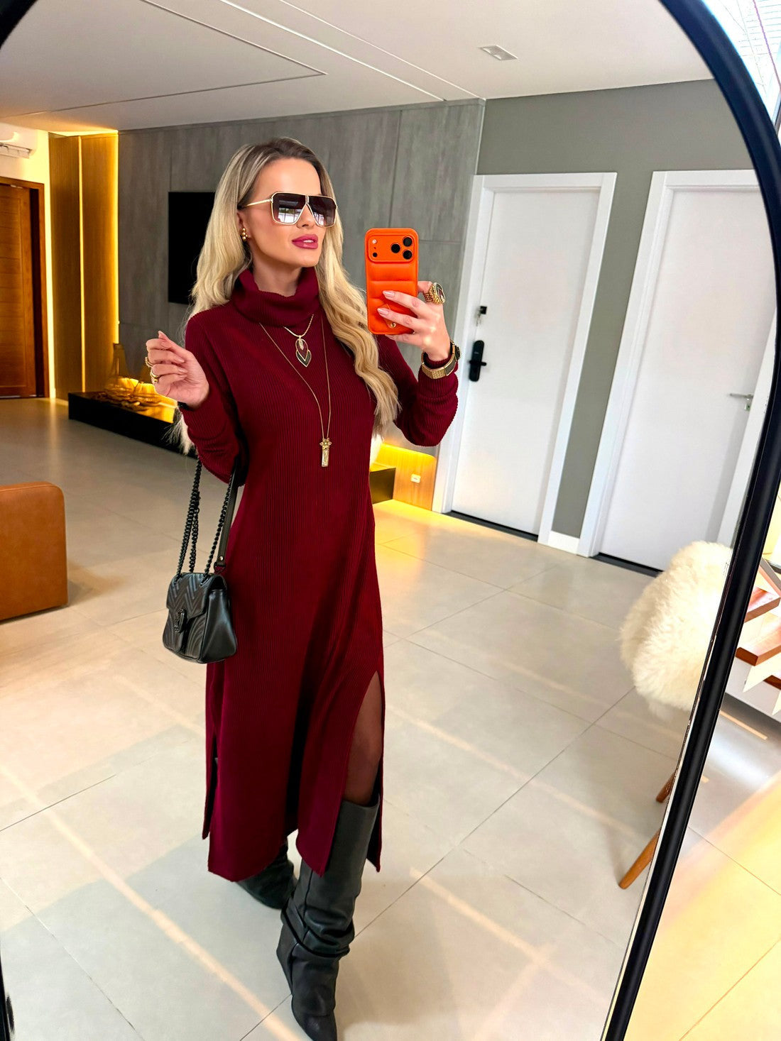Vestido Midi Tricot Canelado Vinho