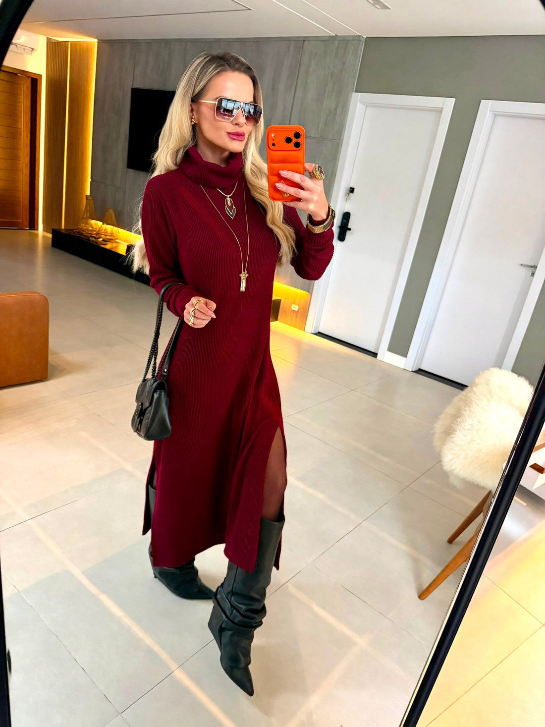 Vestido Midi Tricot Canelado Vinho